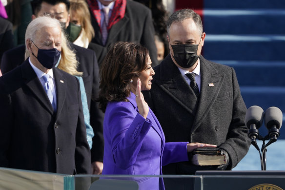 ‘Second gentleman’ Doug Emhoff with wife Kamala Harris as she is sworn in as Vice-President.