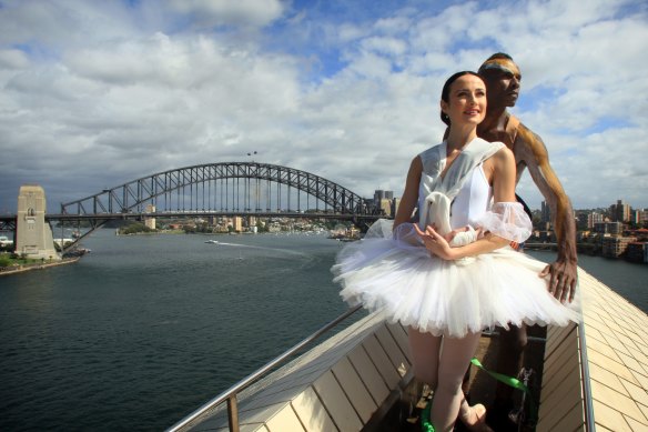 Australian Ballet dancer Amber Scott  with Bangarra contemporary dancer Patrick Thaiday in 2012.