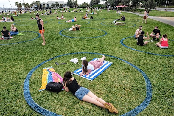 Social distancing at St Kilda foreshore.