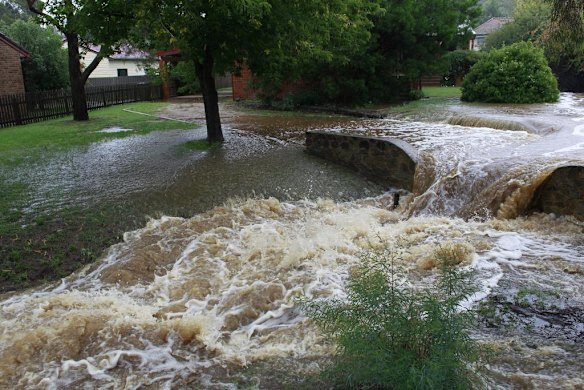 A tributary to the Back Cooma Creek overflows through a front yard.