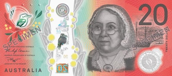 Mary Reibey on an RBA sample of the new banknote.