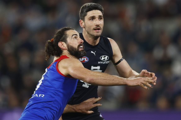 Back on board: Brodie Grundy made a solid return to the Demons’ line-up against Carlton on Saturday night.