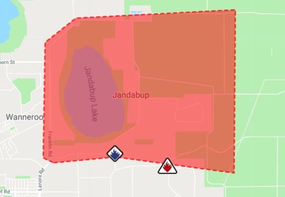 DFES warns people in the above emergency warning area are in danger from the bushfire in Jandabup. 