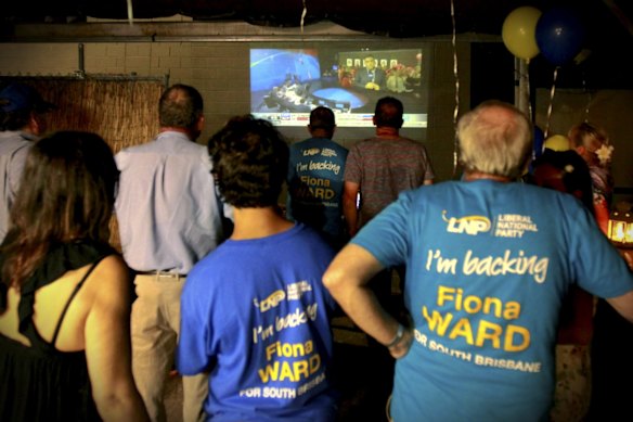 Supporters of LNP candidate for South Brisbane Fiona Wards gather together to watch the election results. 