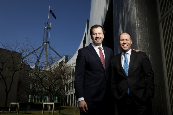 Labor frontbencher Ed Husic and the Energy and Environment Minister Josh Frydenberg in Canberra.