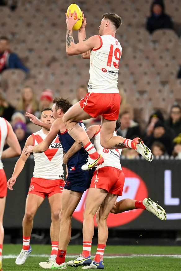 Peter Ladhams flies high to mark in the Swans’ most recent win, over Melbourne.