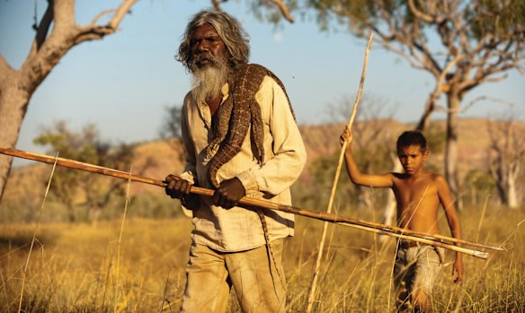 Actor David Dalaithngu playing character Old Jagamarra, left,  and Cameron Wallaby playing his his grandson Pete in a scene from Catriona McKenzie's "Satellite Boy."