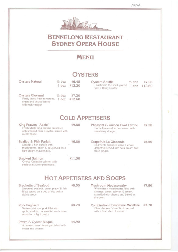 Bennelong Restaurant’s 1984 menu.