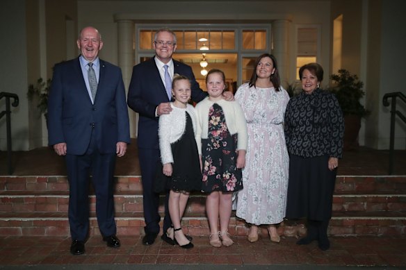 Prime Minister Scott Morrison with his wife Jenny and daughters Abigail and Lily pose for photos with Governor-General Sir Peter Cosgrove and Lady Lynne Cosgrove after being sworn-in at Government House in Canberra on Friday 24 August 2018. 