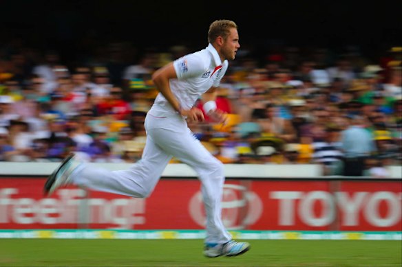 England's Stuart Broad bowls.