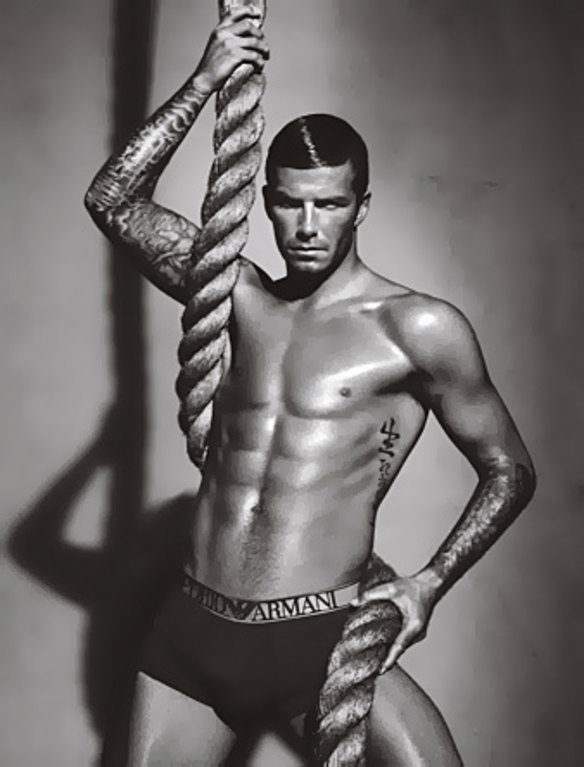 A giant poster of this image was hung outside Selfridges in London in June to launch David Beckham's latest solo campaign for Emporio Armani underwear.