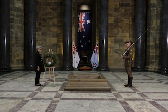 2020 Anzac Day Dawn Service inside Shrine of Remembrance, Melbourne with Shrine Guard Bob Roberts and Her Excellency the Hon Linda Dessau AC, Governor of Victoria