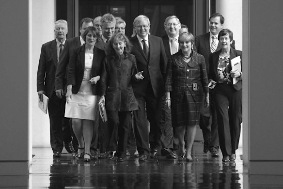 ALP members arrive for the caucus ballot between Prime Minister Julia Gillard and Kevin Rudd at Parliament House in Canberra on Monday 27 February 2012.