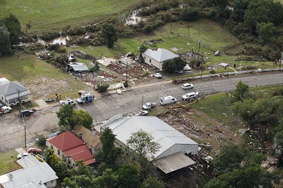 Aerial view of Dungog, where four homes once stood at the northern end of town.