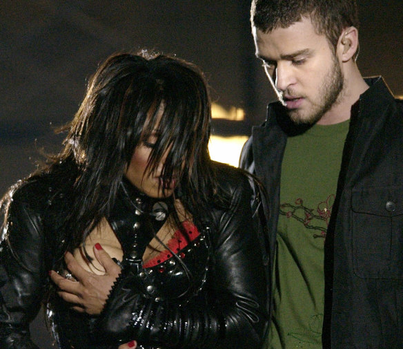 Janet Jackson covers her breast after her outfit came undone during the half-time show with Justin Timberlake in 2004.