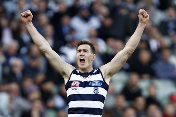 Jeremy Cameron of the Geelong Cats celebrates a goal during the 2022 AFL Grand Final match. September 24, 2022.