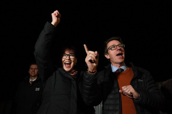 Dr Joe McGirr and his wife Kerin Fielding celebrate what looks to be a victory in the Wagga by-election.