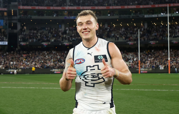 Happy Days: Patrick Cripps battled a bleeding nose to help edge the Blues to victory over the Demons. It’s now on to Brisbane.