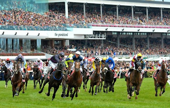 Brett Prebble on Green Moon celebrates with Corey Brown riding My Quest for Peace. Tuesday 6th November 2012 Photographer Wayne Taylor The Age