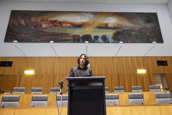 Kurdish-Iranian journalist and writer Behrouz Boochani speaks at an event at Parliament House in Canberra on Tuesday.