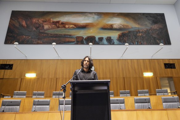 Kurdish-Iranian journalist and writer Behrouz Boochani speaks at an event at Parliament House in Canberra on Tuesday.
