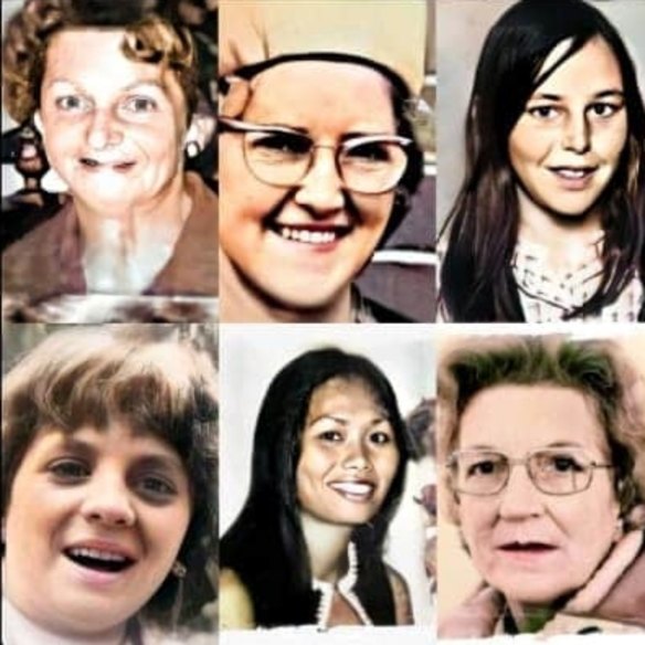 The unsolved Tynong North and Frankston murder victims (clockwise from top left)  Allison Rooke, Bertha Miller, Catherine Headland, Joy Summers, Narumol Stephenson and Ann-Marie Sargent.