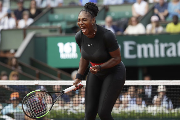 Serena Williams (in her catsuit) en route to defeating Krystina Pliskova in the first round at Roland Garros.