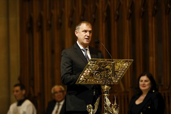 Son Benedict Butler speaks at the State Funeral for his mother, the Honourable Susan Maree Ryan AO held at Saint Mary's Cathedral in Sydney.