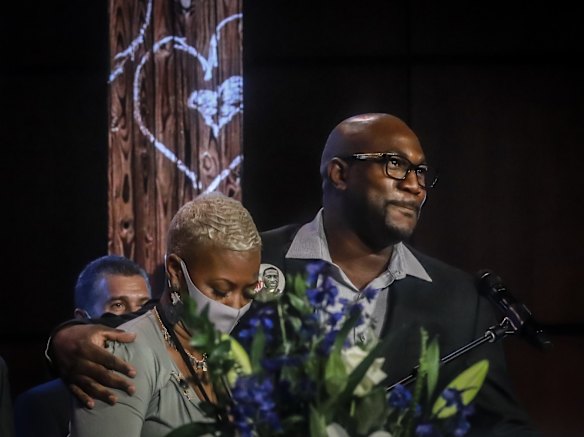 George Floyd's brother Philonise Floyd, right, and cousin Shareeduh Tate, left, share memories of George, during his funeral at North Central University, Minneapolis.