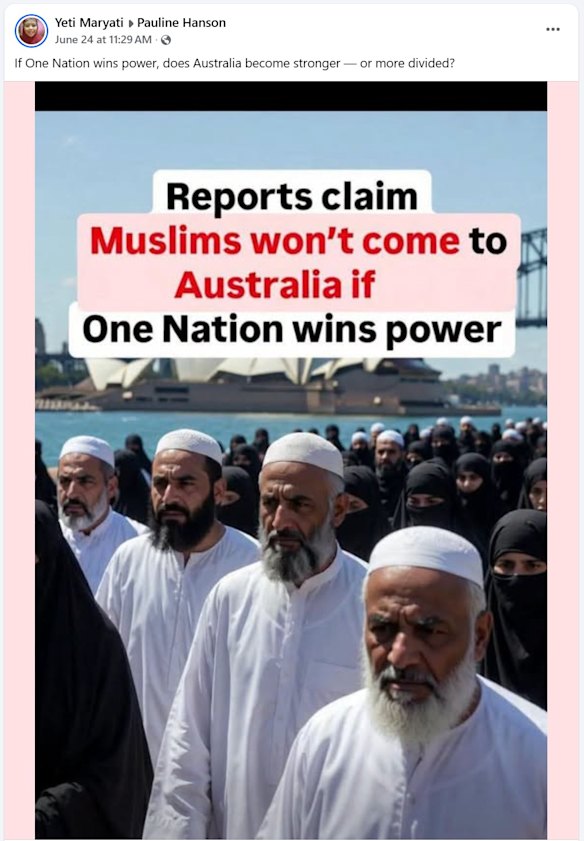 A pro-One Nation post from an account with the identity of an Indonesian woman.