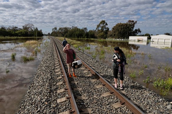 Maxine Nolan and Kiani Hill carry their three cats as they walk the train embankment into Forbes, which was the only way out of their flooded home, Saturday November 5, 2022.