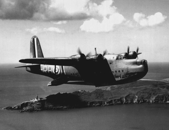 A Sunderland flying boat of the RAAF’s No. 10 Squadron, overflies Land’s End, England, during the early stages of World War II.