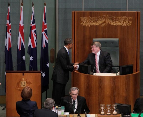 President of the United States Barack Obama is congratulated by the Speaker of the House Harry Jenkins following the President's address to the Joint Sitting of Parliament at Parliament House Canberra.