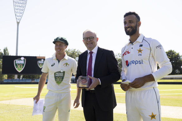 Nathan McSweeney with Prime Minister Anthony Albanese and Pakistan skipper Shan Masood when he captained the PM’s XI last summer.