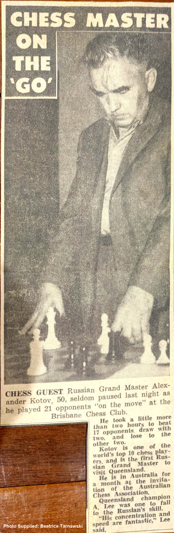 News clipping of Russian chess Grand Champion Alexander Kotov in Brisbane in 1963.