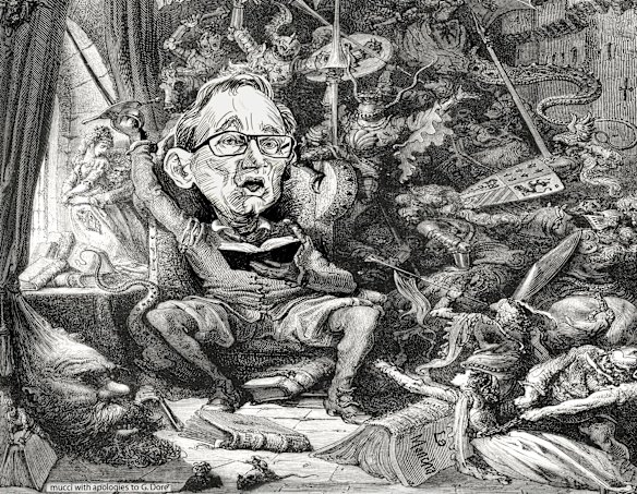 "With Apologies to G.Dore," an illustration picturing Bob Carr as Don Quixote.