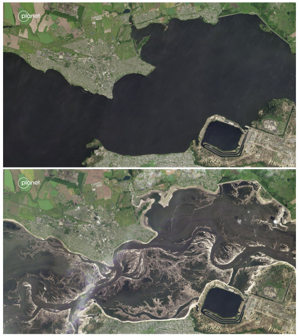 The Kakhovka reservoir levels near the Zaporizhzhia Nuclear Power Plant in Southern Ukraine on June 5, 2023, top, and June 13, 2023, bottom. 