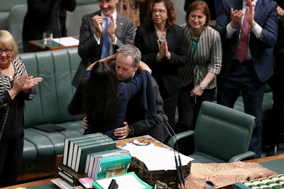 Opposition Leader Bill Shorten congratulates Linda Burney.