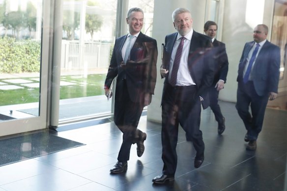 Minister for Defence Industry and Leader of the House Christopher Pyne and Minister for Communications and Minister for the Arts Mitch Fifield depart the partyroom meeting after a leadership spill, at Parliament House in Canberra.