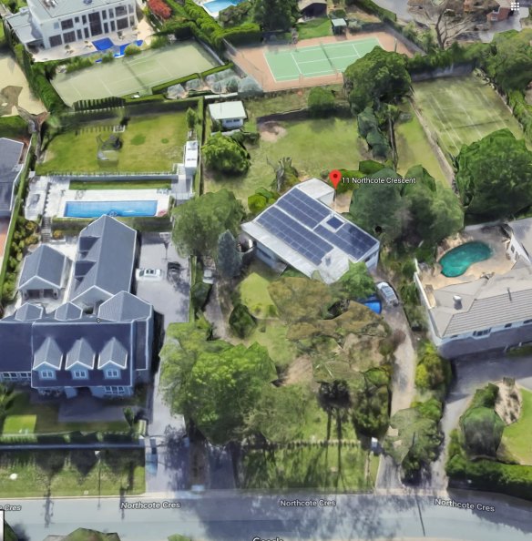 An aerial view of Bowden House (with the red marker) in Deakin.
