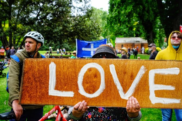 Protesters at Eureka Freedom rally in Melbourne on Saturday 4 December 2021.