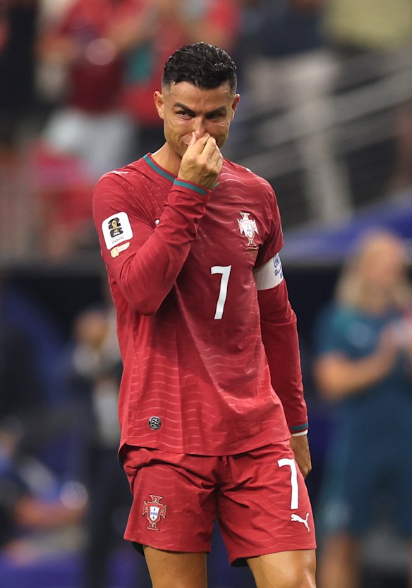 Cristiano Ronaldo of Portugal shows dejection.