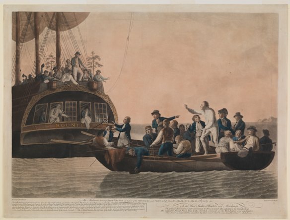 Depiction of mutineers turning Bligh and his crew from the Bounty. 