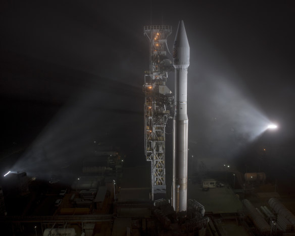 This photo released by NASA shows a United Launch Alliance Atlas-V rocket with NASA's InSight spacecraft.