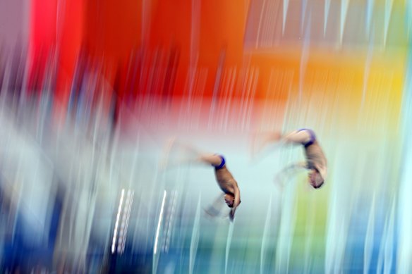 British divers Thomas Daly (L) and Blake Aldridge compete from the 10M platform at the 2008 Beijing Olympic Games.