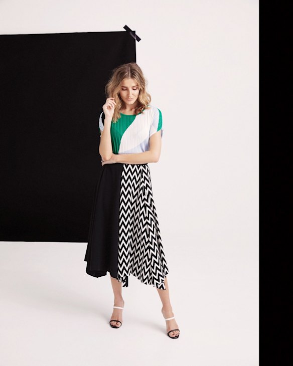 Emilio Pucci top, $1115, from Parlour X. Loewe skirt, $1745, from Parlour X. Calvin Klein “Dala” shoes, $260, from David Jones.