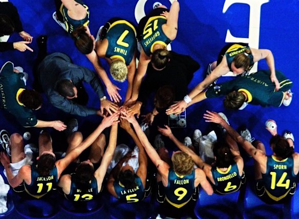 Australian players during a time out against Brazil in the women's basketball.
