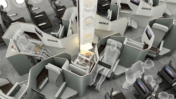 Toyota Boshoku reimagined the economy class cabin by mixing three classes together - economy window seats combined with premium economy and "premium plus" seats in the middle of the cabin. The design also featured a meal-serving robot, replacing cabin crew on meal and drinks services.