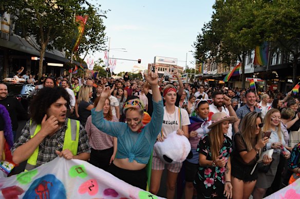 Celebrations continue as people rally down Oxford st, Darlinghurst.