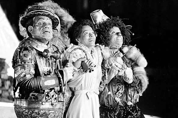 In this Oct. 4, 1977 photo, Diana Ross, as Dorothy, Michael Jackson, right, as Scarecrow, and Nipsey Russell as Tinman perform during filming of the musical "The Wiz" in New York.